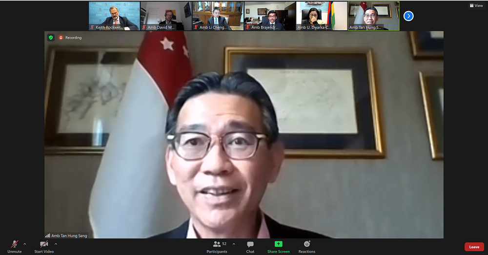 Zoom screen view showing "Amb Tan Hung Seng" with Singapore flag, and five participants.
